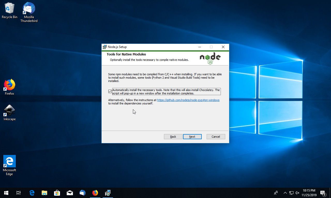 Node.js Setup Wizard Tools for Native Modules Screen on Windows 10
