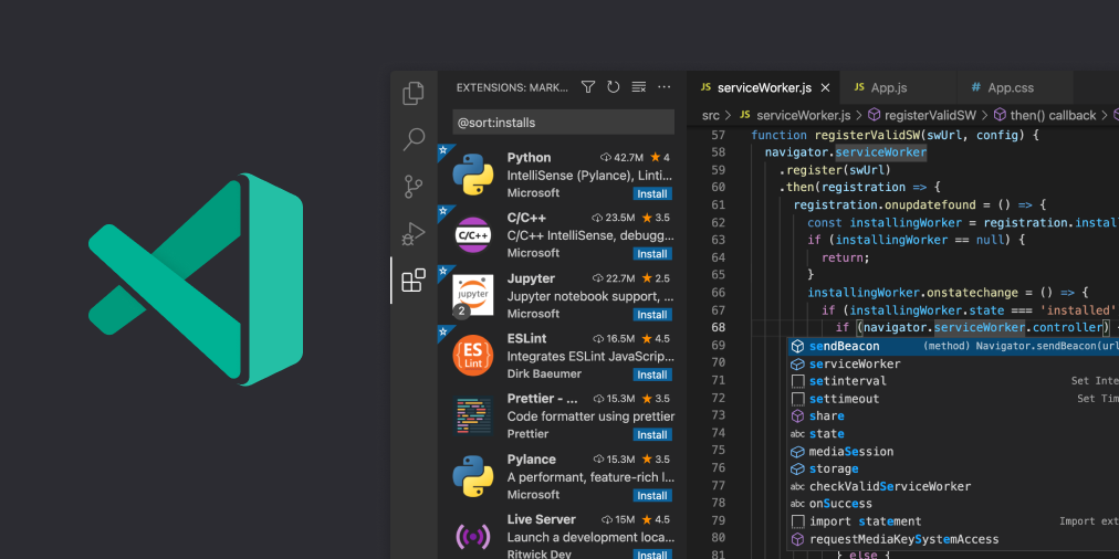 Visual Studio Code Insiders Extensions Marketplace and Code Completion Interface