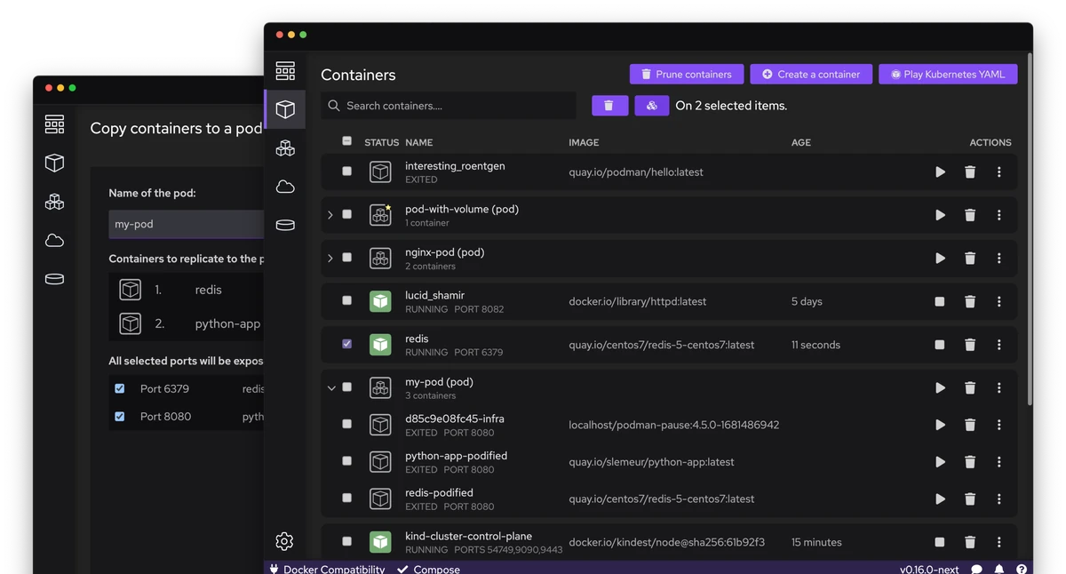 Podman Desktop User Interface Dashboard and Pod Creation Windows