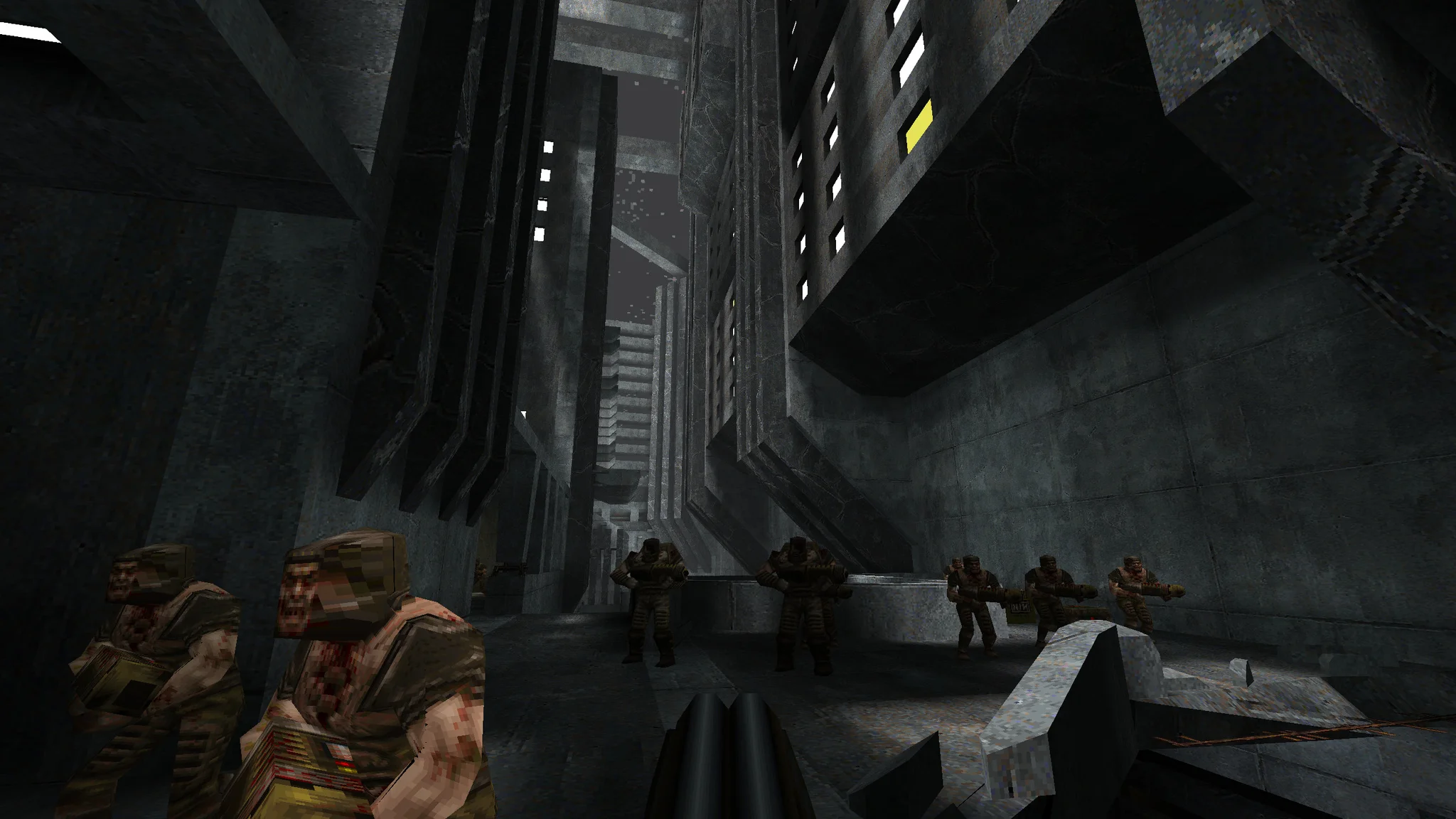 Quake Brutalist Jam 2 Monolithic Concrete Cityscape Level Screenshot