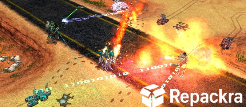 Zero-K Strategy Game Combat Scene Showing Mechs Firing Flamethrowers and Energy Weapons