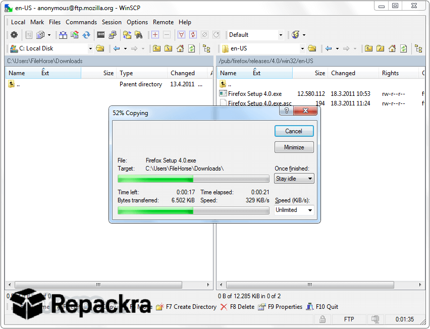WinSCP File Transfer Progress Status Dialog Screenshot