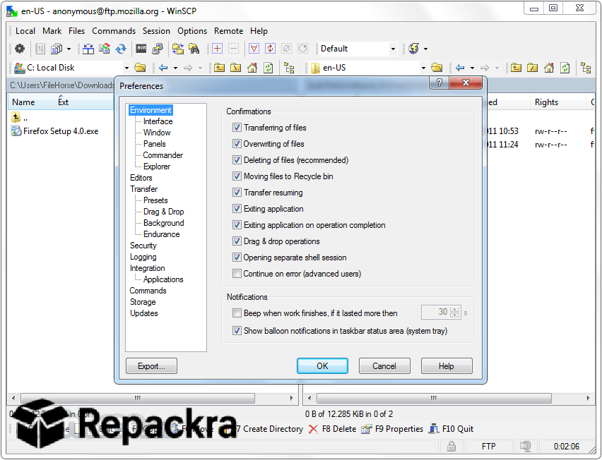 WinSCP Preferences Environment Settings Window Screenshot