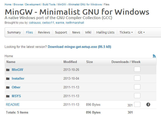 MinGW Installation Manager Setup Tool Screenshots Showing SourceForge Download Page, Initial Setup Screen, Step 1 Directory Options, and Step 2 File Extraction Progress