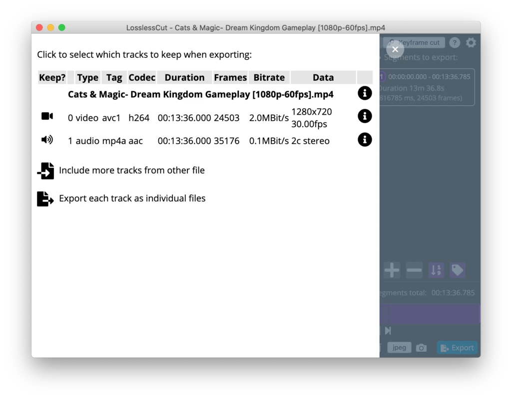 LosslessCut Track Selector Window Track Metadata Configuration Modal
