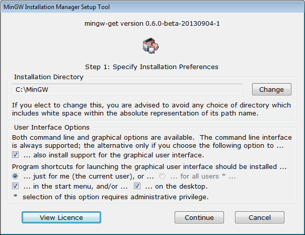 MinGW Installation Manager Setup Tool Screenshots Showing SourceForge Download Page, Initial Setup Screen, Step 1 Directory Options, and Step 2 File Extraction Progress