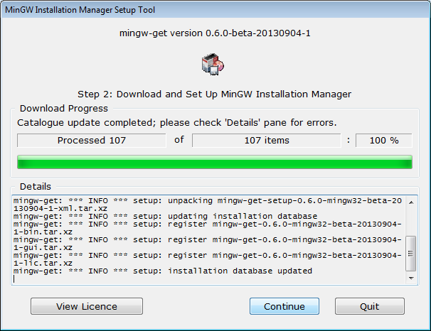 MinGW Installation Manager Setup Tool Screenshots Showing SourceForge Download Page, Initial Setup Screen, Step 1 Directory Options, and Step 2 File Extraction Progress