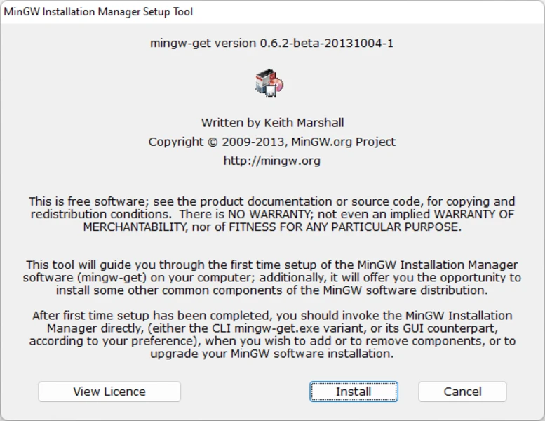 MinGW Installation Manager Setup Tool Screenshots Showing SourceForge Download Page, Initial Setup Screen, Step 1 Directory Options, and Step 2 File Extraction Progress