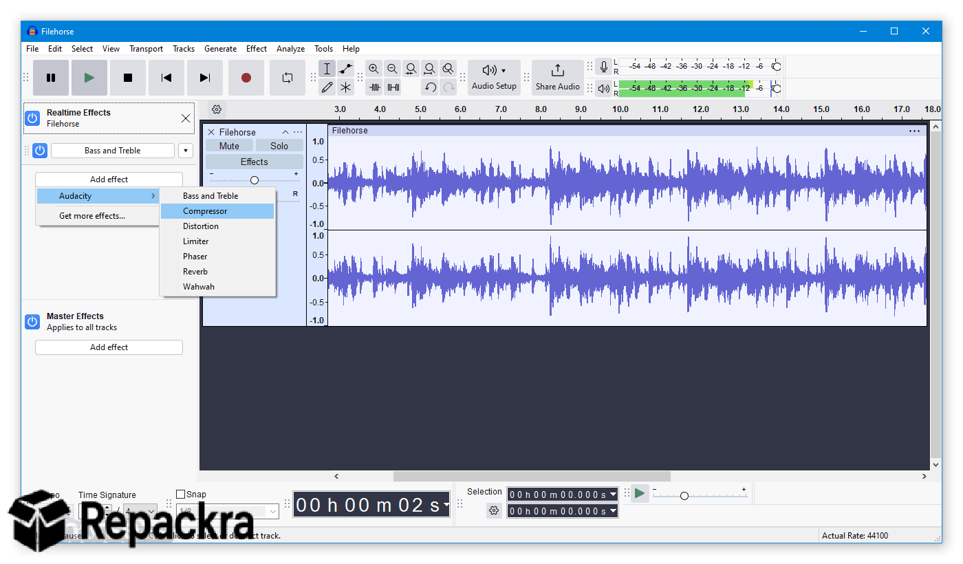 Audacity Realtime Effects Sidebar with Effect Dropdown Menu Open
