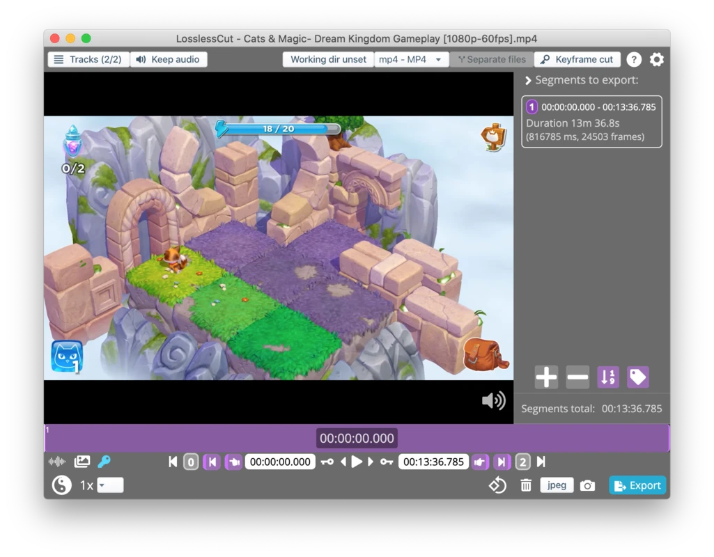 LosslessCut Mac Video Editing Interface Loaded File Gameplay Segment