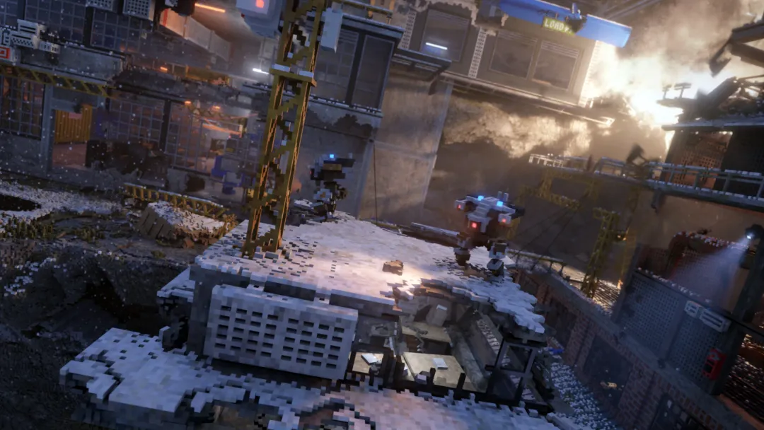Teardown Gameplay Robot Mechs Snow Covered Destroyed Roof Scene