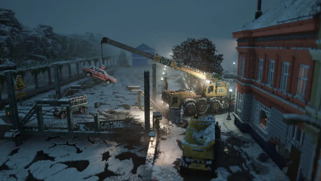 teardown-snowy-town-nighttime-crane-hoisting-vehicle