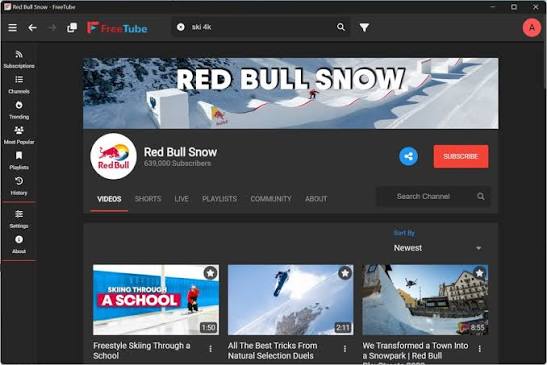 FreeTube App Interface Multi-View Grid Showing Video Player, Search Results, Watch History, Channel Profile, and Settings Menus