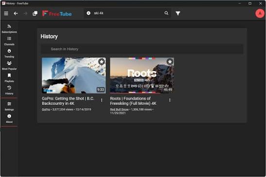 FreeTube App Interface Multi-View Grid Showing Video Player, Search Results, Watch History, Channel Profile, and Settings Menus