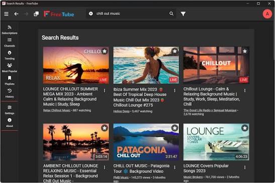 FreeTube App Interface Multi-View Grid Showing Video Player, Search Results, Watch History, Channel Profile, and Settings Menus