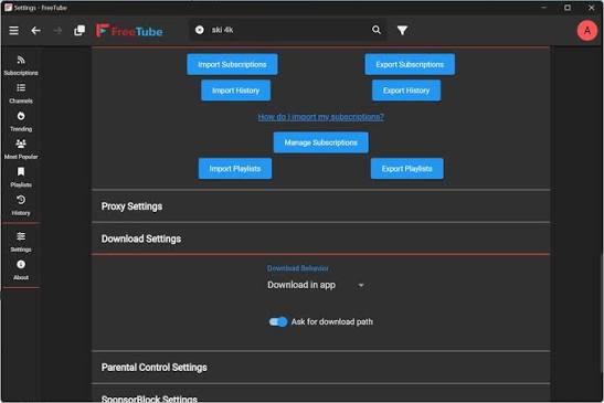 FreeTube App Interface Multi-View Grid Showing Video Player, Search Results, Watch History, Channel Profile, and Settings Menus